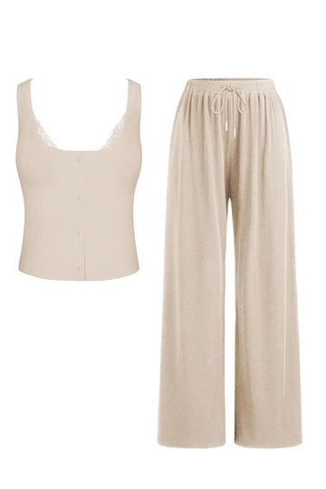 KATCH ME Classy U-Neck Button Decor Tank Top & Wide Leg Trousers with Lace Trim Camisole Three-Piece Set  32.99